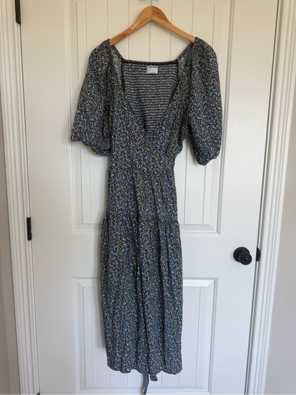 Old Navy Floral Midi Wrap Dress Large Puff Sleeve Smocked Cottagecore Boho Large - Picture 2 of 9